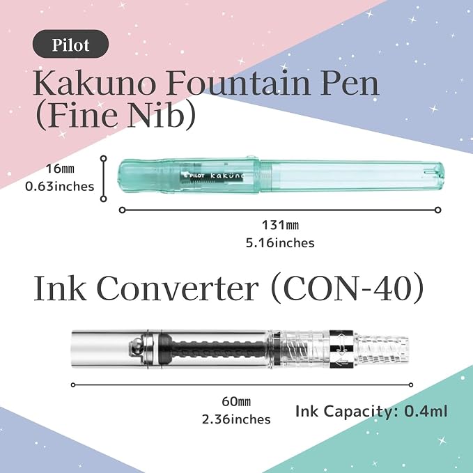 Fountain Pen Set CON-40 Converter & Kakuno Fine Nib with Black Ink Cartridge & Sticky Notes – Refillable Ink System, For Beginners, Calligraphy (Blue FKA-1SR-KPL-F)