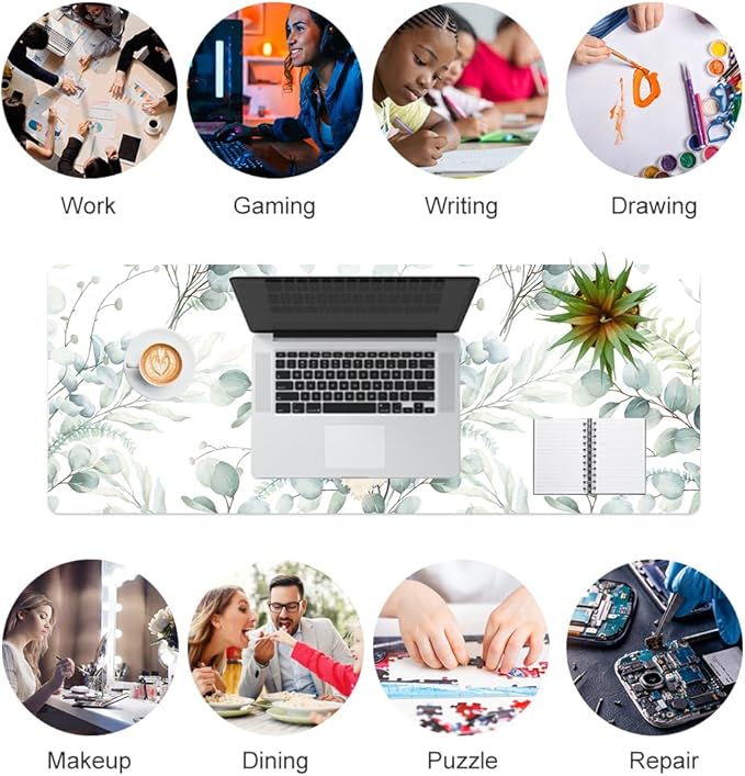 QIYI Large Mouse Pad for Desk, Cute Desk Mat for Desktop, Women Girls Green Office Décor Desk Accessories, PU Leather Waterproof Gaming Mousepad, Eucalyptus Leaf Desk Pad Computer Mat, 31.5" x 11.8"