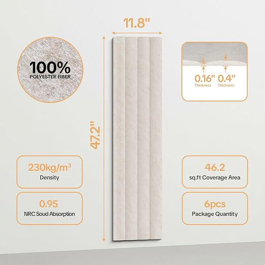 Tao.space 6 Pack Acoustic Panels 3D Wave Sound Proof Foam for Walls, 47.2"x11.8" Self-Adhesive Sound Absorbing Panels for Noise Reduction in Home Office & Studio, Decorative Wall Tiles (Camel)