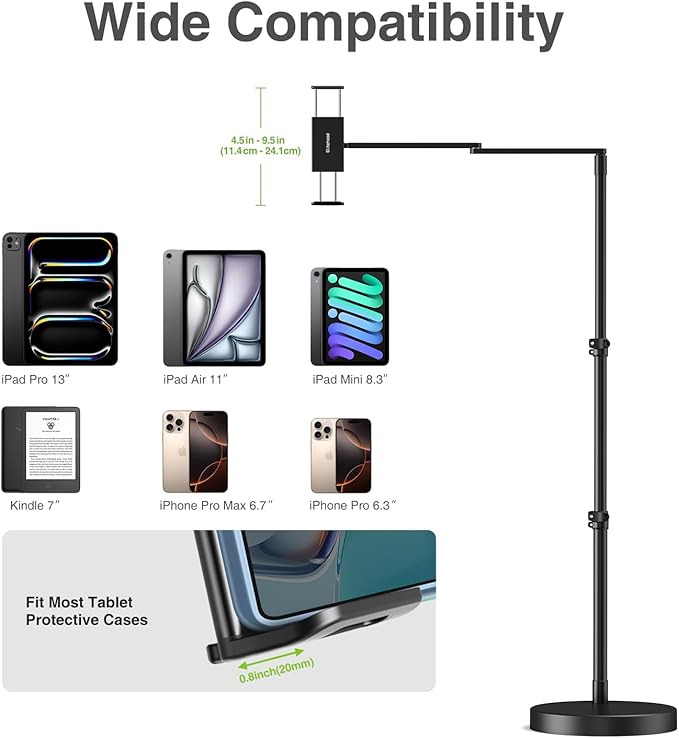 elitehood Adjustable Tablet Floor Stand with Heavy Duty Base, 24in Horizontal Long Arm iPad Floor Stand Holder for Bed Recliner Sofa, Compatible with iPad mini Air Pro 13/12.9 and 4.7-13in Devices