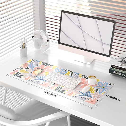 QIYI Floral Large Mouse Pad, Cute Desk Mat for Desktop, Women Girls Desk Accessories Office Décor, PU Leather Waterproof Big Gaming Mousepad, Doodle Flowers Desk Pad Computer Mat, 31.5" x 11.8"