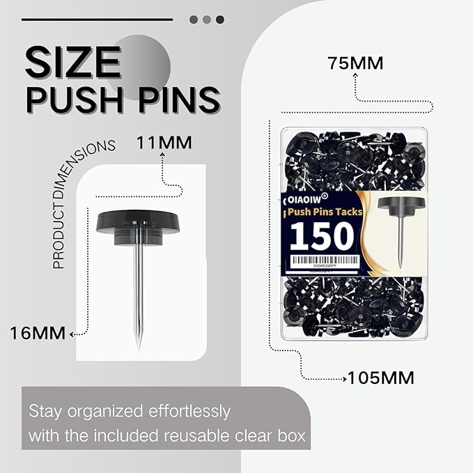 150 PCS Flat Black Push Pins for Wall Clear Thumb Tacks for Walls Flat thumbtacks Push pin for Bulletin Board Shadow Box Display Thumbtack for Cork Board