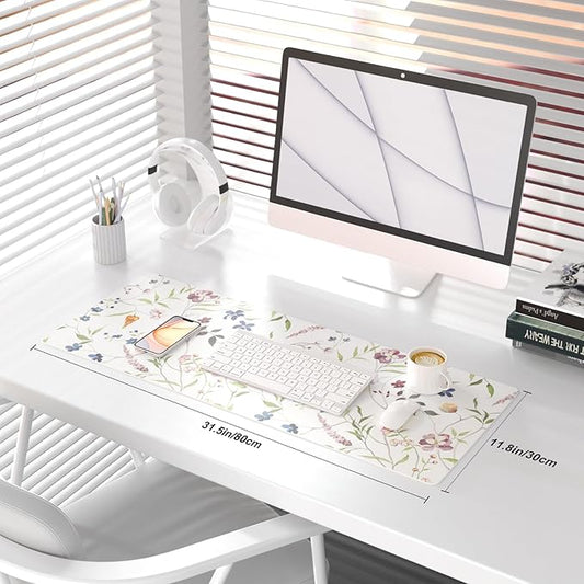 QIYI Floral Mouse Pad, Large Desk Mat for Desktop, Women Girls Watercolor Flowers Office Décor Desk Accessories, PU Leather Waterproof Gaming Mousepad, Wildflowers Desk Pad Computer Mat, 31.5" x 11.8"