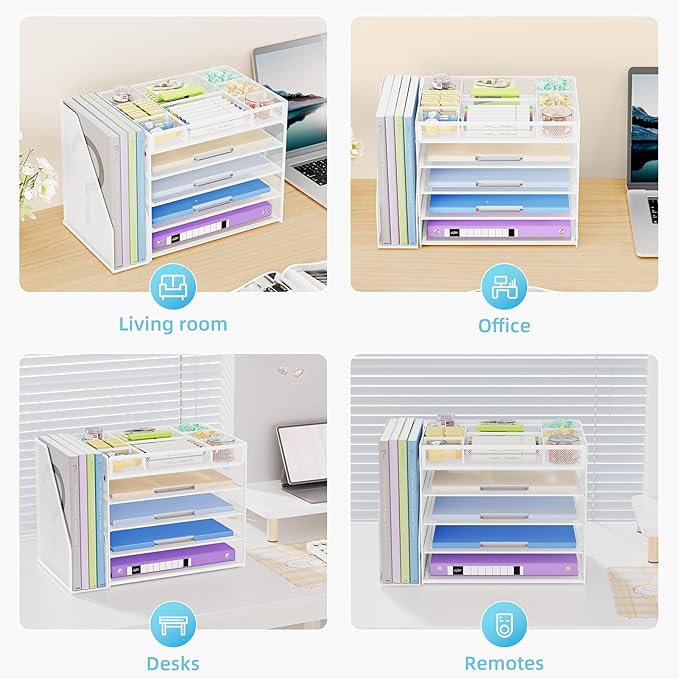 Marbrasse 5-Tier Desk Organizer with File Holder,Paper Letter Tray Organizer,Desktop File Organizer with Adjustable Compartments,Mesh Desk Organizers and Accessories for Office Supplies,White
