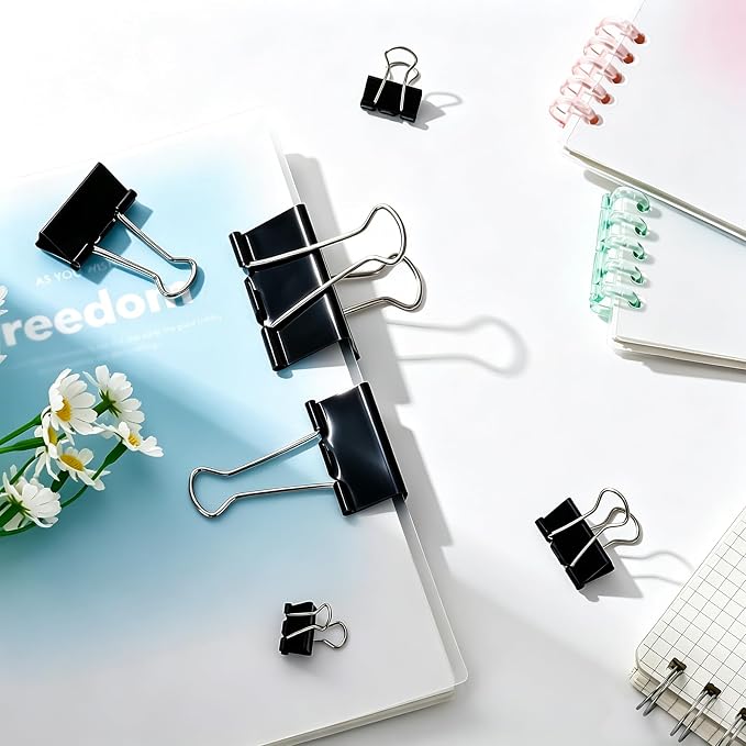 Temiary Binder Clips, Medium Metal Binder Paper Clip Black 1.26Inch, 24 Pcs | Paper Clamps with Clear Storage Container, Binding Paperwork Clamps for School Teachers Office Supplies