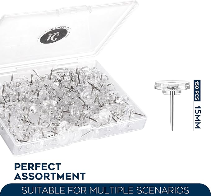 150 Pack Clear Push Pins Tacks by Luxurecourt, Flat Head Thumbtacks for Bulletin Board, Wall Hanging, Cork Board, Shadow Box, Heavy Duty Plastic Head with Steel Point in Reusable Storage Box.