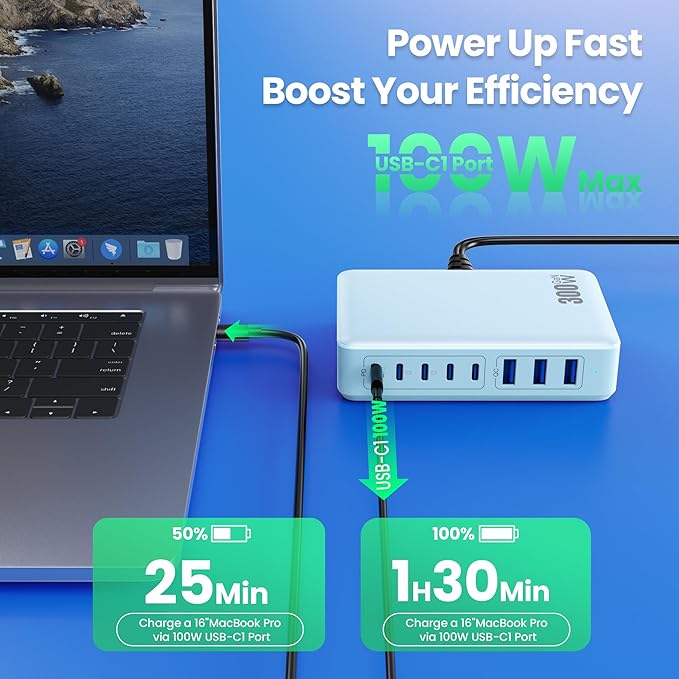 USB C Charger 300W USB C Charger Block, 8-Ports GaN IV Fast Charging Station Hub,PD 100W Laptop Charger Adapter,for MacBook Pro/Air/iPad/iPhone16/15/14/Apple Watch/DELL/Samsung for Home Office