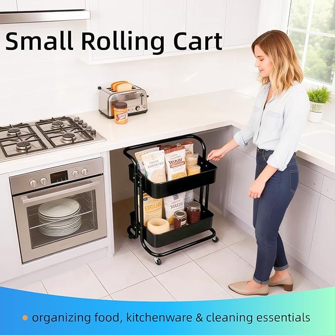 Ufriandz 2 Tier Rolling Utility Cart with Wheels All-Metal Short Pantry Cart Under Desk Storage Trolley with Handle, Small Rolling Storage Shelf for Small Space Kitchen Laundry Room Bathroom, Black