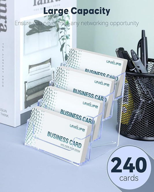 Uniclife 4 Pack Acrylic Business Card Holder for Desk 4 Slots Clear Business Card Display Stand for Men & Women Desktop Business Card Organizer Card Stand for Office Home Exhibition, 240 Card Capacity