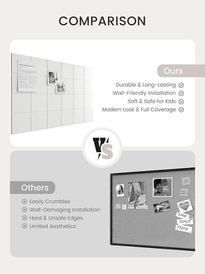 Bumusty Large Cork Board Alternative-36 x24 Felt Bulletin Board Tiles, with 30 Pushpins, 40 Adhesive Tabs, 6-Pack Slat Wall Paneling, Cork Boards for Office Push Pin Board Felt Board-Milky White