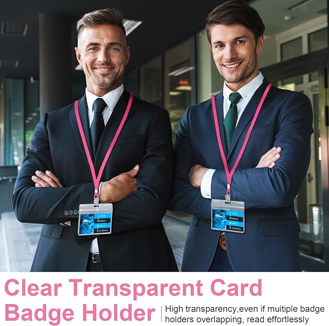 Marspark 100 Sets Clear Name Tags with Lanyard, Lanyards for ID Badges Reusable Strap with ID Holder Plastic Name Badges for Adults Business School Church Conference (Pink)