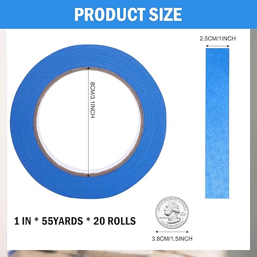 EFOK Blue Painters Tape 1 Inch Bulk - Paint Tape 20 Rolls x 1 Inch x 55 Yards - Painter's Tape Blue Masking Tape for Walls Painting Packing Automotive Home, Total 1100 Yards