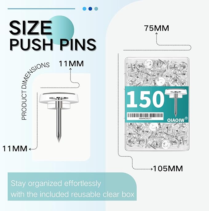 150 PCS Flat Clear Short Push Pins for Wall Thumb Tacks for Walls Flat thumbtacks Push pin for Bulletin Board Shadow Box Display Thumbtack for Cork Board