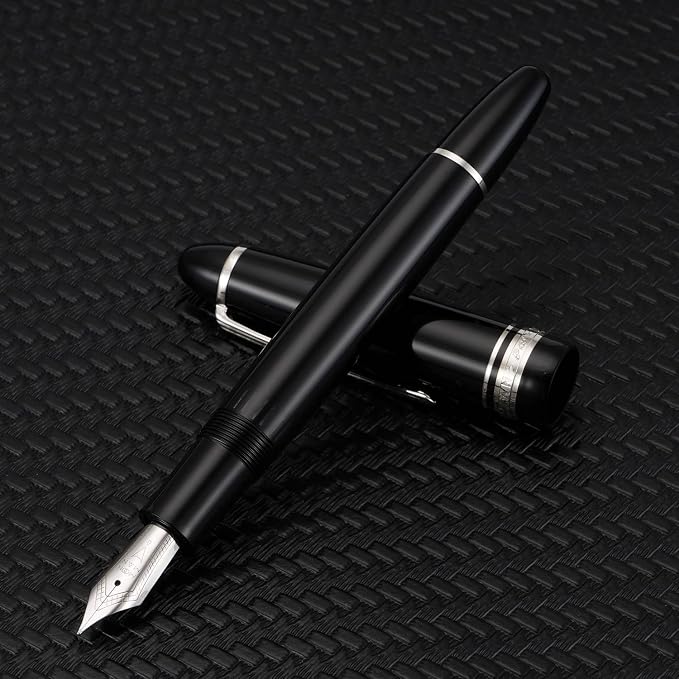 erofa Majohn P136 Piston Fountain Pen Extra Fine Nib with Box, Black Resin Writing Pen Set