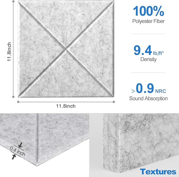 Sonicism 22 Pack X-Lined Acoustic Panels with Self-Adhesive, 12"X 12"X 0.4" Sound Proof Foam Panels, Decorative Soundproof Wall Panels, Sound Absorbing Tile for Home & Offices, Silver Gray