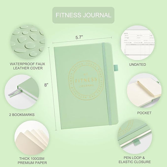 &And Per Se Fitness Workout Journal for Men & Women, Workout Log Book Planner with Daily Diet, Gym Exercise & Training Trackers - Undated, A5 Size, Leather Hardcover (Light Green)