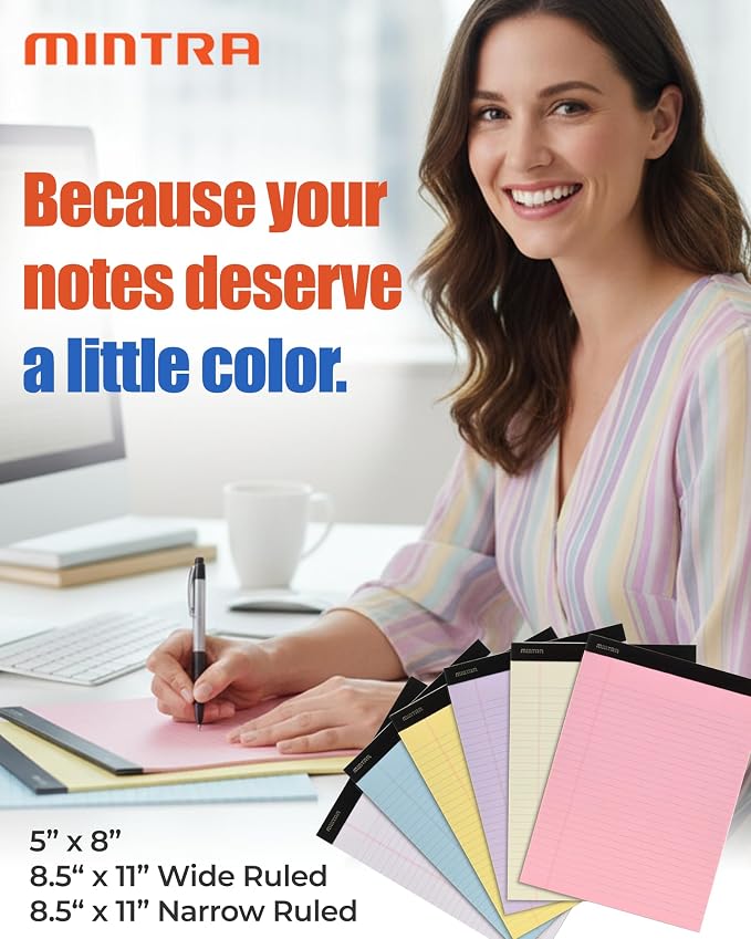 Mintra Office Colorful Legal Pads - Includes 2 Blue, 2 Pink, and, 2 Green Writing Pads, Micro Perforated Lined Sheets, Ideal for Professional & Personal Use, 8.5"x11" Wide Ruled, 6 pack Basic Pastel