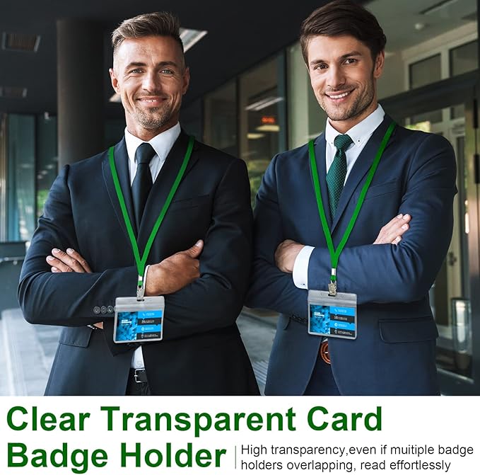 Marspark 100 Sets Clear Name Tags with Lanyard, Lanyards for ID Badges Reusable Strap with ID Holder Plastic Name Badges for Adults Business School Church Conference (Dark Green)