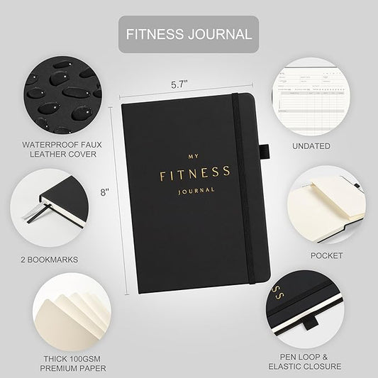 &And Per Se Fitness Workout Journal for Men & Women, Workout Log Book Planner with Daily Diet, Gym Exercise & Training Trackers - Undated, A5 Size, Leather Hardcover (Black)