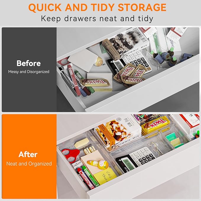 Criusia 30 Pack Large Clear Plastic Drawer Organizer Bins - Acrylic Kitchen Drawer Organization and Storage Dividers for Utensils Gadgets, Office Bathroom and Vanity Organizer for Makeup Accessoires