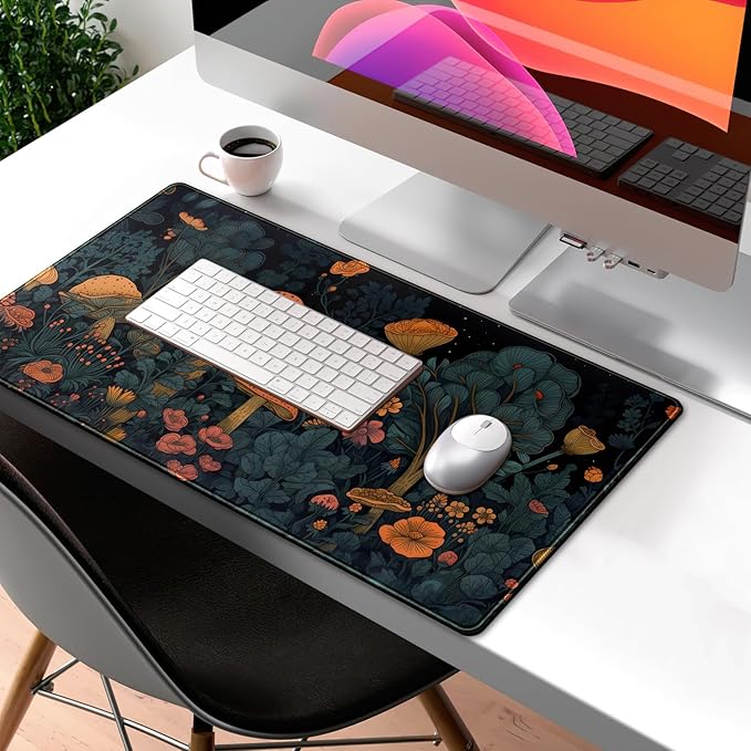 Mushroom Retro Mouse pad Desk Mat Dark Vintage Floral Forest Pad XXL, Aesthetic Botanical Desk Pad Office Desk Decor Accessories Mousepads for Laptop Computer Keyboard Mat 31.5x15.8 in