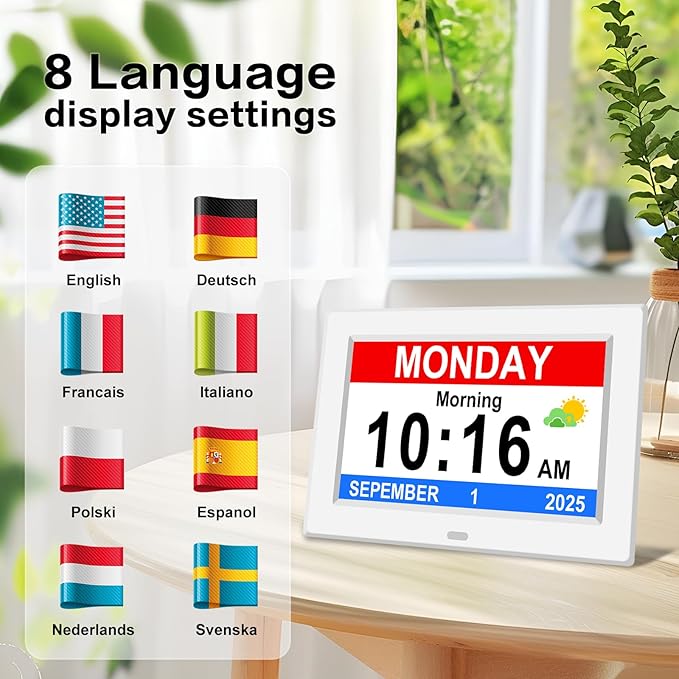 8‘’ Digital Calendar Day Clock, Gifts for People with Dementia Alzheimers, Large Display Alarms Clock for Seniors Electric Clocks with Date Day of Week 12 Alarms 4 Colors Auto DST/Dimmer