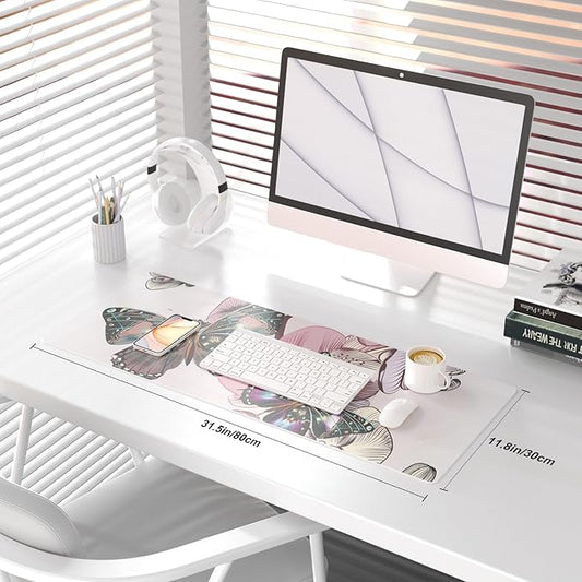QIYI Large Mouse Pad, PU Leather Desk Blotter Protector, Waterproof Computer Desk Mat, Butterflies Keyboard Mouse Pads, Non Slip Base Home & Office Accessories, Extended Large Size 31.5" x 11.8"