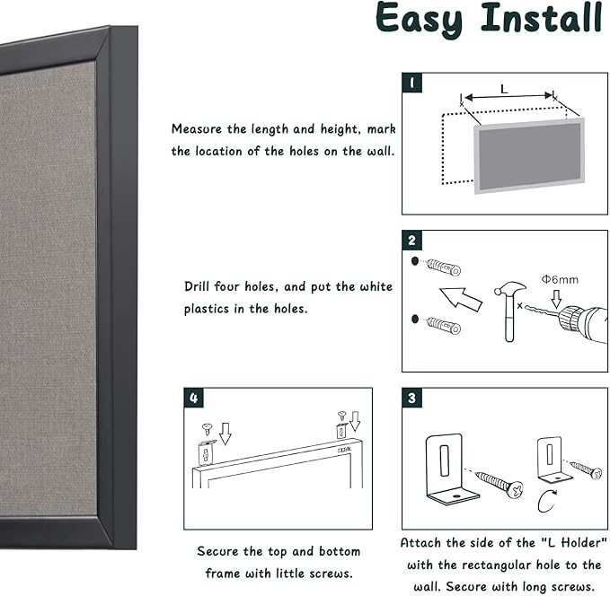 Bulletin Board 46x30 Inch, Large Cork Board with Grey Fabric and Pine Wood Frame, Cork Boards for Walls, Wall Mounted Fabric Notice Board for Home Office School, Vision Board and Message Organizer