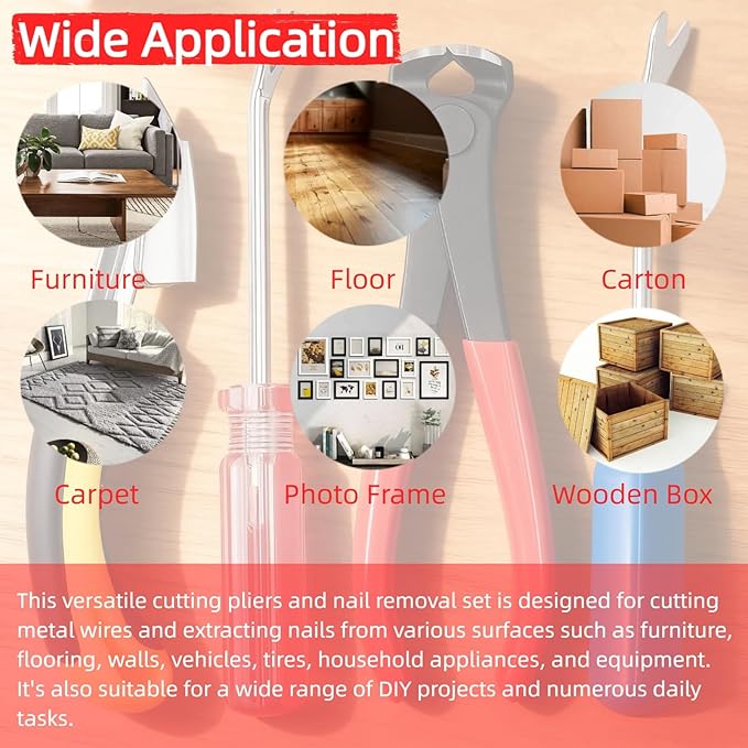 4 Pcs Staple & Nail Puller Tool Kit – Upholstery Staple Remover, Tack Lifter, Nail Puller Pliers & Fastener Remover for Furniture, Floor, Wall, Wood, Car, Photo Frame