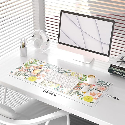 QIYI Floral Large Mouse Pad, Colorful Desk Mat for Desktop, Women Girls Desk Accessories Office Décor, PU Leather Waterproof Big Gaming Mousepad, Blooming Flowers Desk Pad Computer Mat, 31.5" x 11.8"