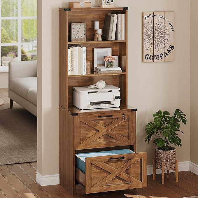 SEDETA 2 Drawer File Cabinet with Lock, Wood Filing Cabinet fits Letter, Legal, A4 Size, Hanging File Folders, Farmhouse File Cabinets for Home Office with Adjustable Storage Shelf (Brown)