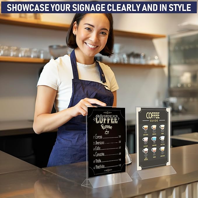 Acrylic Sign Holder 8.5 x 11, T-Shape Menu Holder with Bottom-Loading Design, Plastic Stands for Brochures, Flyers, Menus, and Displays. Double-Sided Display Stand for Tabletop Signs and More (6 Pack)