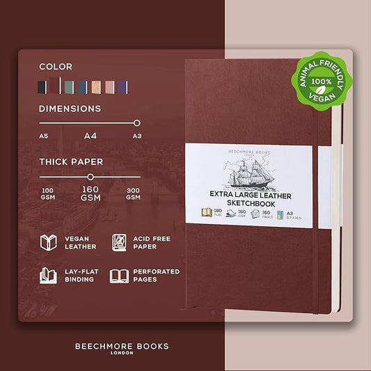 Beechmore Books A3 Sketchbook – 11.7x16.5 Premium Vegan Leather Bound Large Sketch Book Hardcover with 160 Thick 160gsm Perforated Ivory Pages, Blank Sketch Pad Gift Boxed Back Pocket Ribbon Bookmark