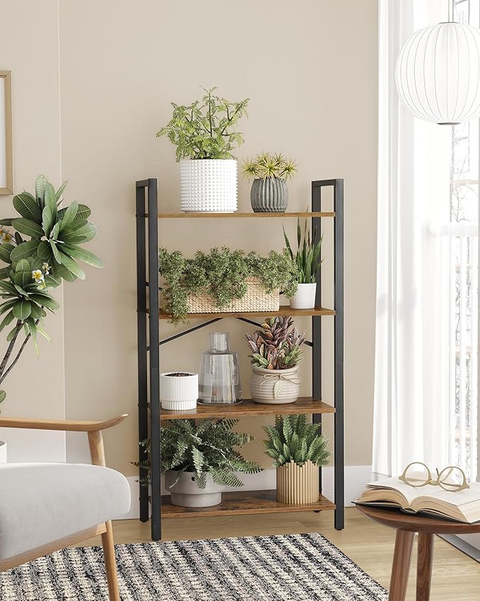VASAGLE 4-Tier Bookshelf, Bookcase with Steel Frame, Book Shelf for Living Room, Home Office, Study, 11.8 x 26 x 47 Inches, Industrial Style, Rustic Brown and Ink Black ULLS60BX