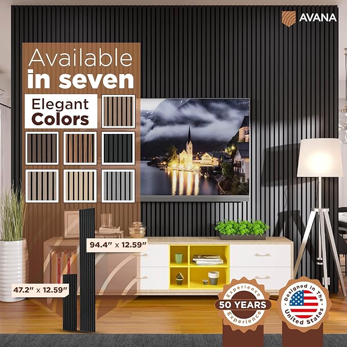Avana Acoustic Wood Wall Panels – 94.4 x 12.6 Inch Black Oak Acoustic Panels 4 PCs – Wall Panels For Interior Wall Decor For Homes, Offices, Studios – Pleasing Decorative Wood Panels For Wall