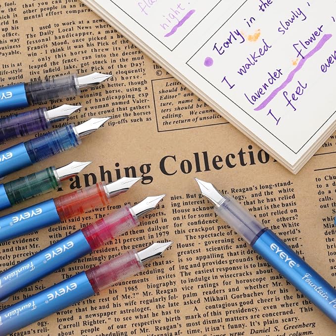 EYEYE Disposable Fountain Pens for Writing, Medium Point Stainless Steel Nib, Pack of 8 Assorted Colors