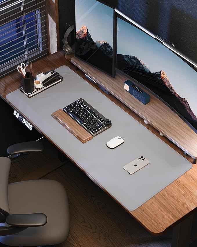 Leather Desk Pad Cover- 48" x 17" Office Desk Protector, Non-Slip PU Leather Mouse Pad, Waterproof Blotter Mat for Home (Light Grey)
