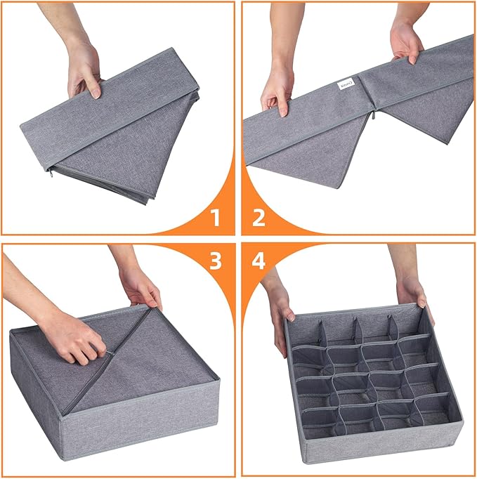 Criusia 6 Pack Large Drawer Organizer for Sock Underwear - Washable Heavy Duty Fabric Closet Organizers and Storage Bins - 90 Cells Dresser Organizer Divider for Baby Clothes, Ties, Belt (Grey)