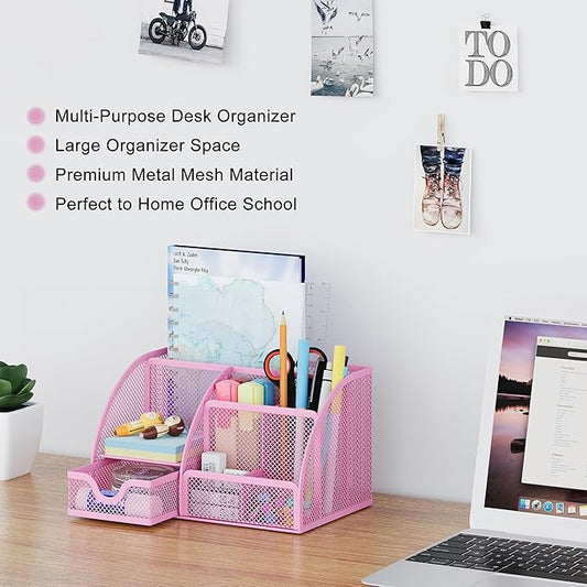 EasyPAG Mesh Desk Organizer with Drawer Multi-functional Pen Holder Stationery Organizer for Office School Supplies 6 Compartments Dorm Organizers and Storage for Desk, Light Pink