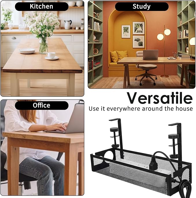 2 Pack Under Desk Cable Management Tray, 15 Inch No Drill Metal Mesh Organizer with Hybrid Side Slots, Wire Holder Storage Rack for Office Home Desk