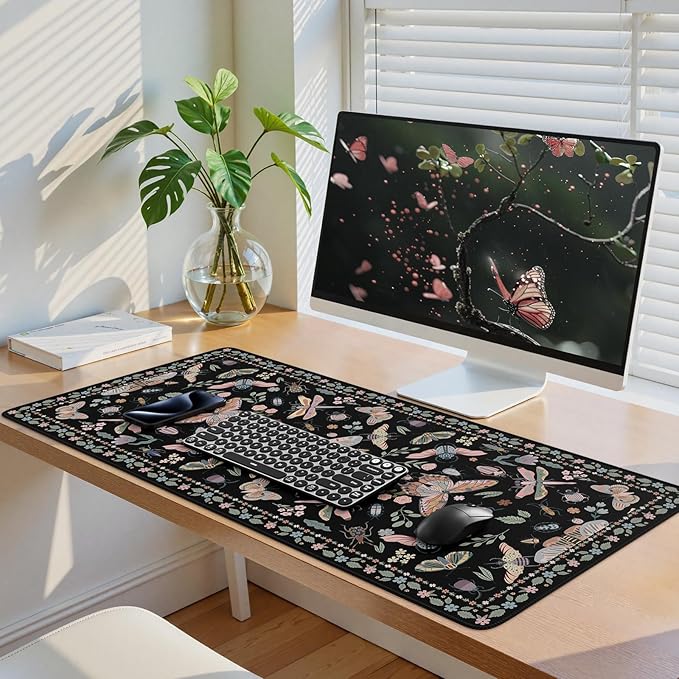 iCasso Black Large Mouse Pad, Desk Matt for Desktop, XXL Desk Mat for Keyboard and Mouse, Anti-Slip Big Mousepad Computer Mat with Stitched Edges(Insects)