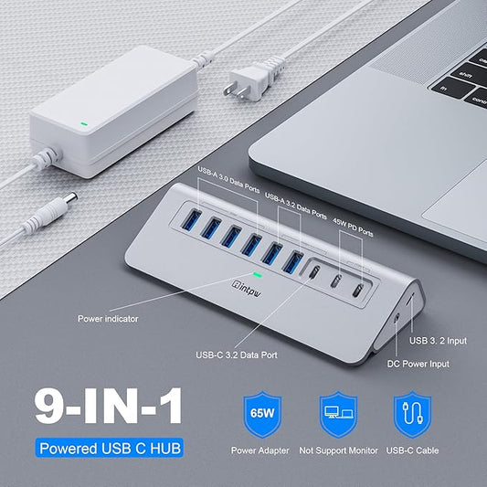 Powered USB Hub 10Gbps, intpw 9-Port USB 3.2 Hub, USB C Hub with USB A/USB C 3.2, 4 USB 3.0, 2 PD 45W Charging Ports, 65W Power Adapter and 3.3FT Cable, Aluminum USB Hub for Laptop, iPhone 17/16/15,PC