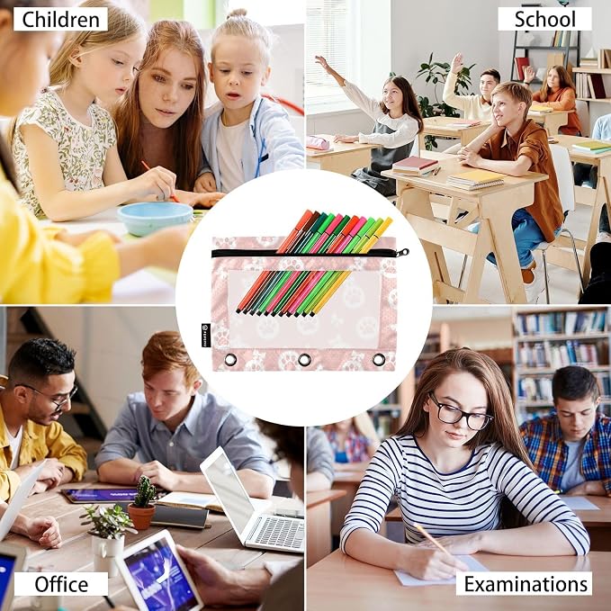 Emelivor Cute Paw Pink Pencil Pouch for 3 Ring Binder 2 Pcs Pockets Pencil Pouches Bag with Clear Pencil Case Cosmetic Bag for College Office Daily Supplies