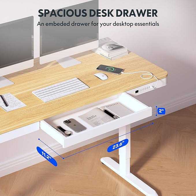 FLEXISPOT 55" Electric Standing Desk with Drawers, Quick Assembly Home Office Sit Stand Desk with Storage, USB Charging, Computer Desk for Home Office (Maple Top + White Adjustable Frame, Comhar)