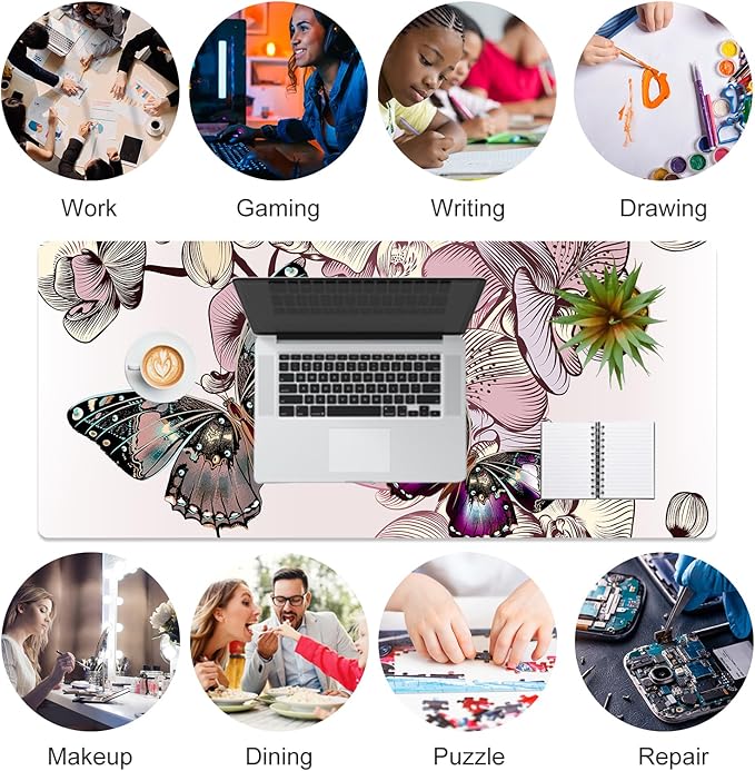 QIYI Large Mouse Pad, PU Leather Desk Blotter Protector, Waterproof Computer Desk Mat, Butterflies Keyboard Mouse Pads, Non Slip Base Home & Office Accessories, Extended Large Size 31.5" x 15.7"