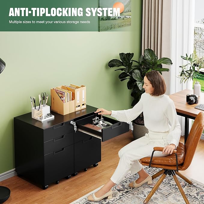 Letaya 3 Drawer Mobile File Cabinet with Lock,Under Desk Metal Small Filing Cabinets for Home Office Organizer Letters/Legal/A4(Fully Assembled Except Wheels-White)