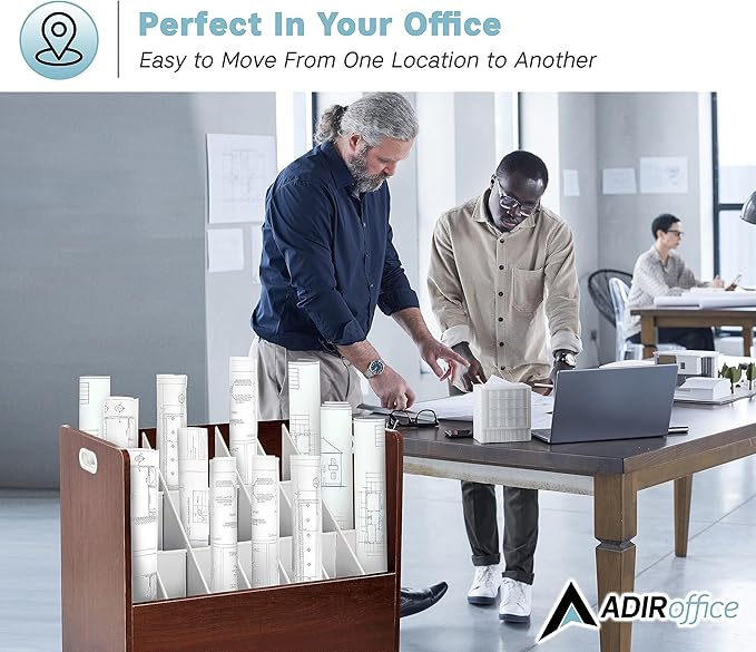 AdirOffice Adir Blue Print Storage Organizer - Mobile Roll File Cart, Construction Plan Holders, Blueprint Cabinet with Wheels, Roll Files Storage for Office and Home (21 Slots, Mahogany)