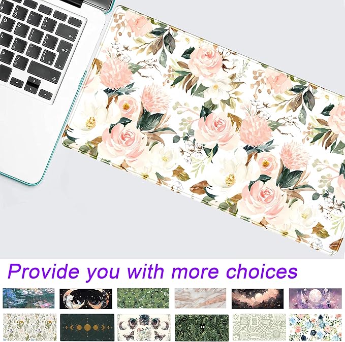 Desk Mat Pink Floral Desk Pad Cute Flowers Mouse Pad Gaming XL Large Mousepad Green Leaves Desk Matt for Desktop, Computer Laptop Keyboard Mouse Mat for Women Office Decor Accessories 31.5x15.7 in