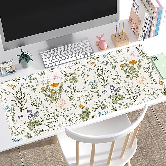 Cute Flowers Desk Mat Pressed Dried Floral Mouse Pad Neutral Beige Sage Green XXL Large Extended Gaming Mousepad Deskmat 31.5x15.75 in, Laptop Keyboard and Mouse Mat for Women Office Gamer Girl