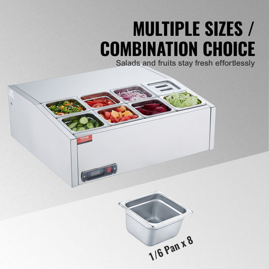 Refrigerated Condiment Prep Station, 140 W Countertop Refrigerated Condiment Station, with 8 1/6 Pans, 304 Stainless Body and PC Lid, Sandwich Prep Table with Stainless Steel Guard, ETL